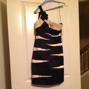 IVORY & BLACK ONE SHOULDER COCKTAIL DRESS